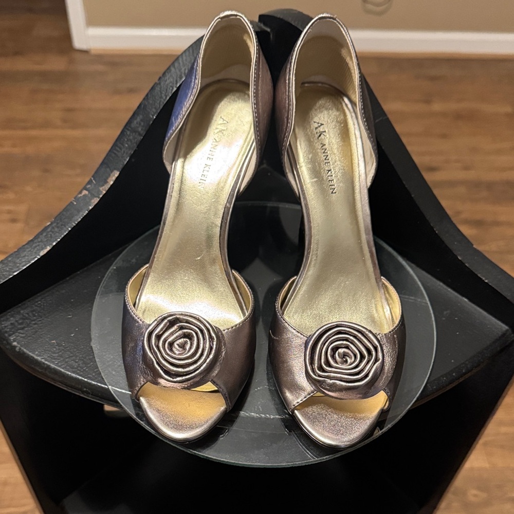 Anne Klein Bronze Peep-Toe Heels with Floral Accent